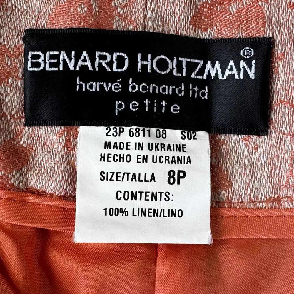 Benard Holtzman Shirt Pants Set Womens 8P Orange Floral Linen Petite‎ Lined Suit